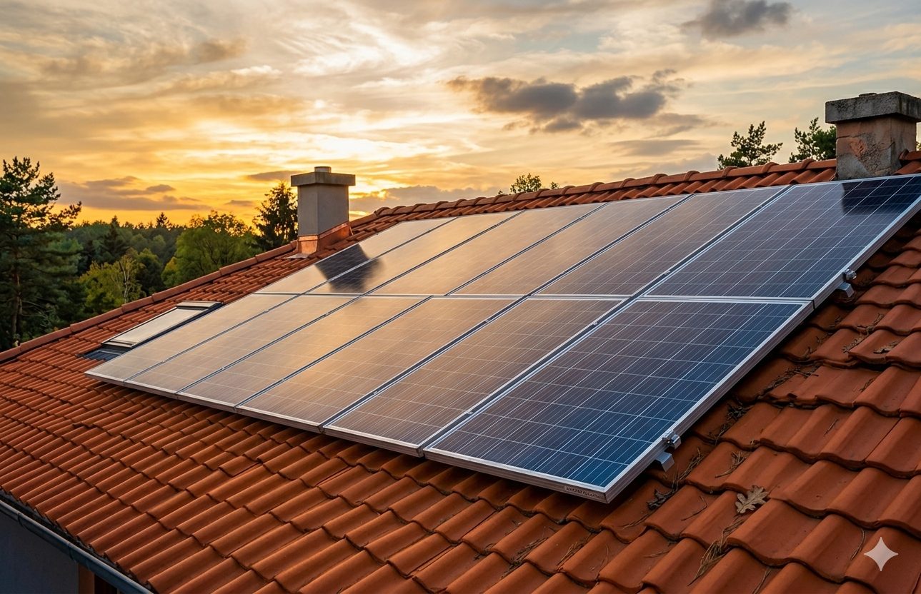Painéis solares instalados em telhado de moradia